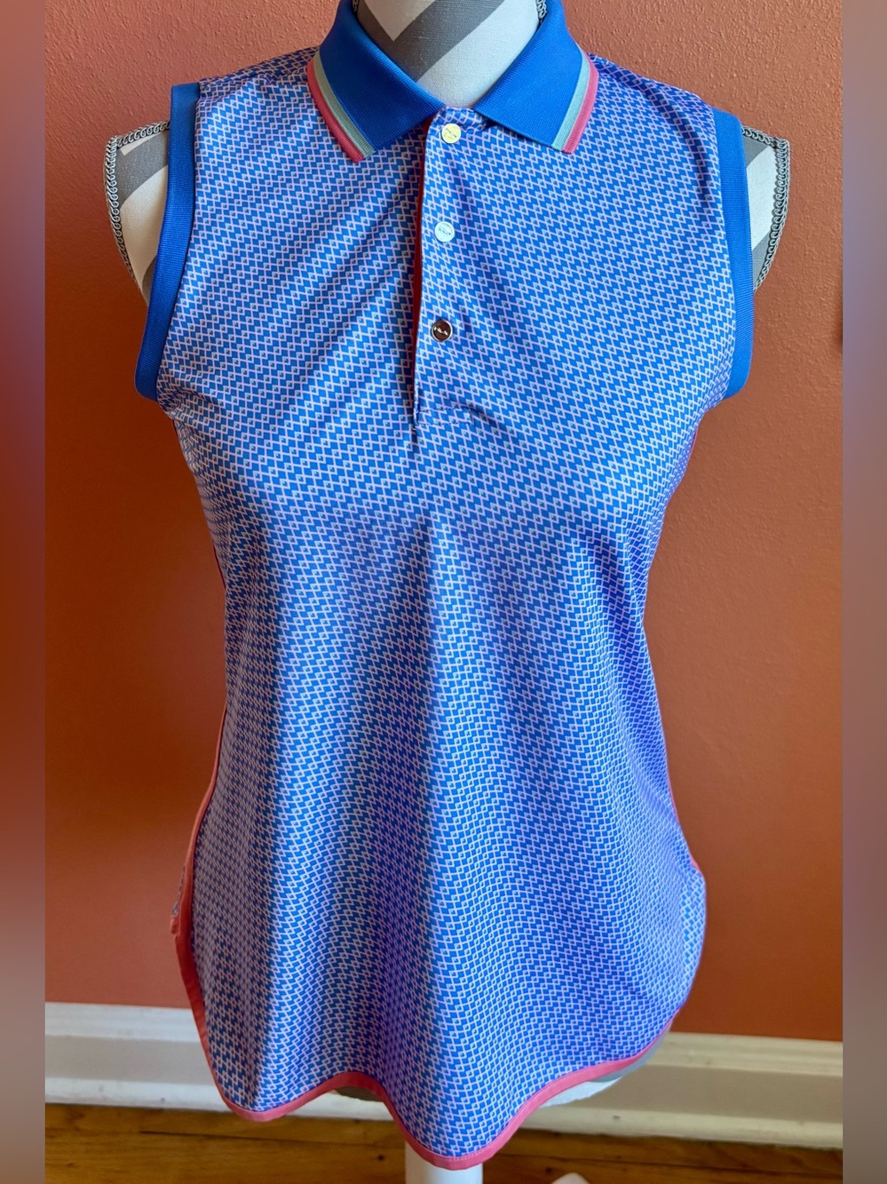 RLX, Ralph Lauren Blue Geometric Sleeveless Polo Tank with Pink Trim